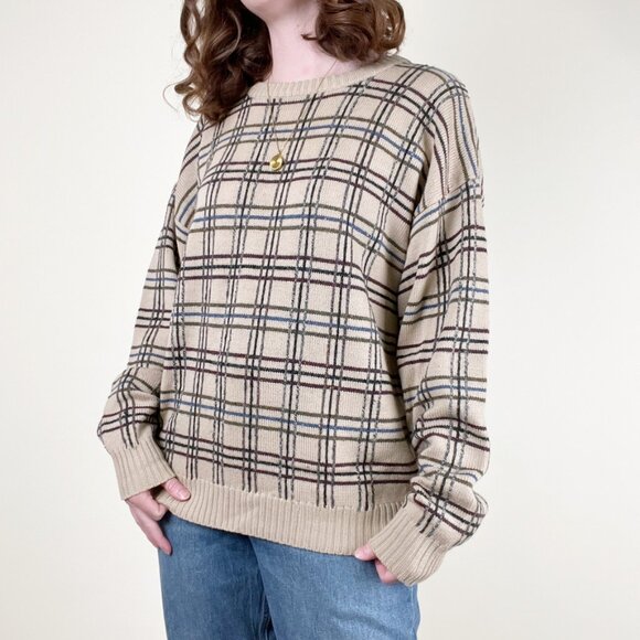 Vintage Sweaters - Vintage 100% Wool Plaid Knit Sweater Oversized Slouchy Loose Relaxed Fit Grandpa